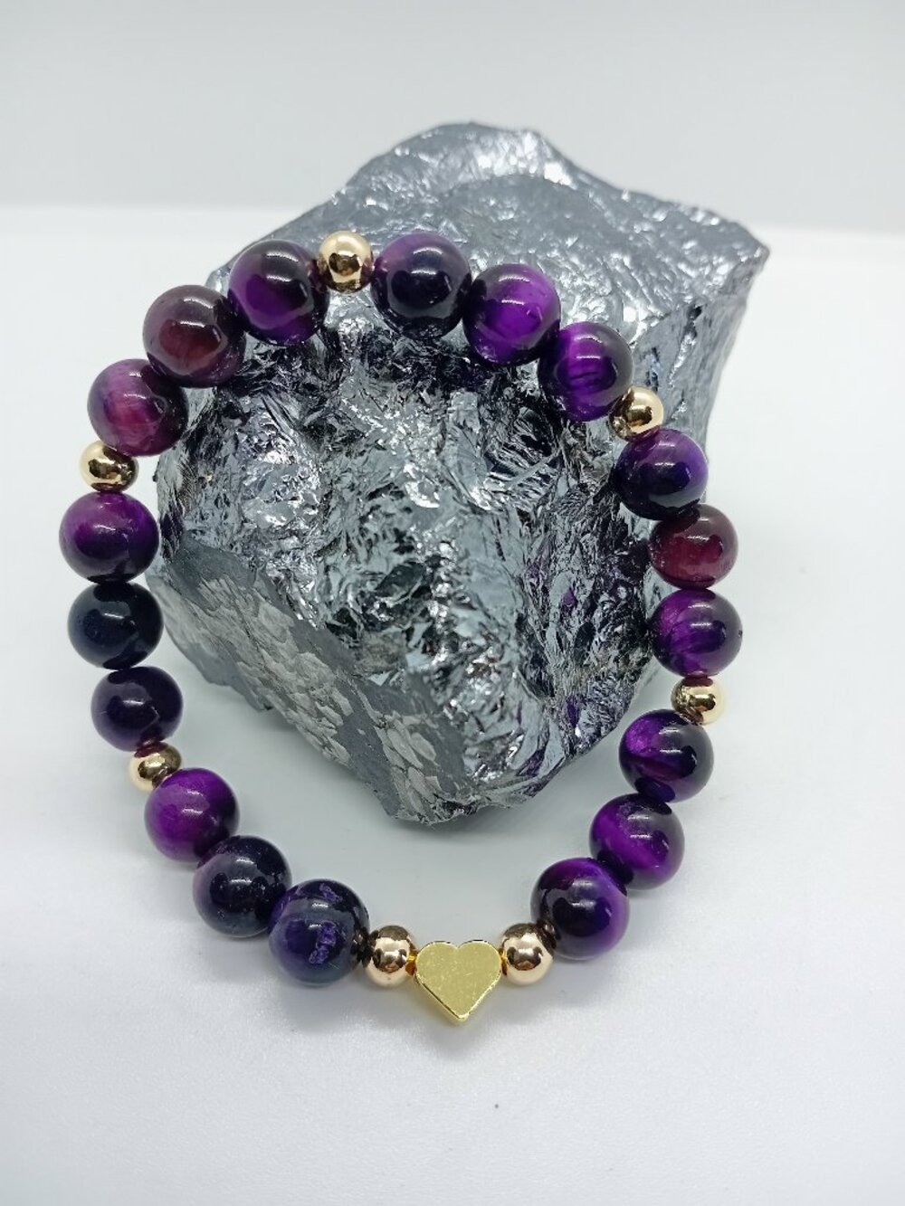 14K Gold Filled Stretch Bead Bracelet Purple Tiger's  Eye Heart Charm Women